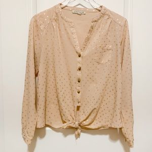 Love Culture Tan & Gold Dot Front Tie Blouse